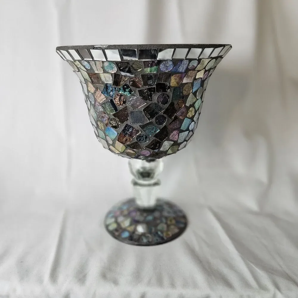 VTG LG. STAINED GLASS HURRICANE/SNIFTER MOSAIC CANDLE HLDR./Vase